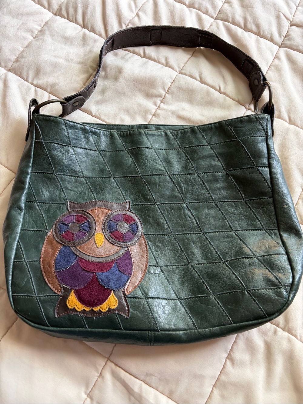 Stamp 10 Dark Green Leather Hobo Bag with Colorful Owl Appliqué